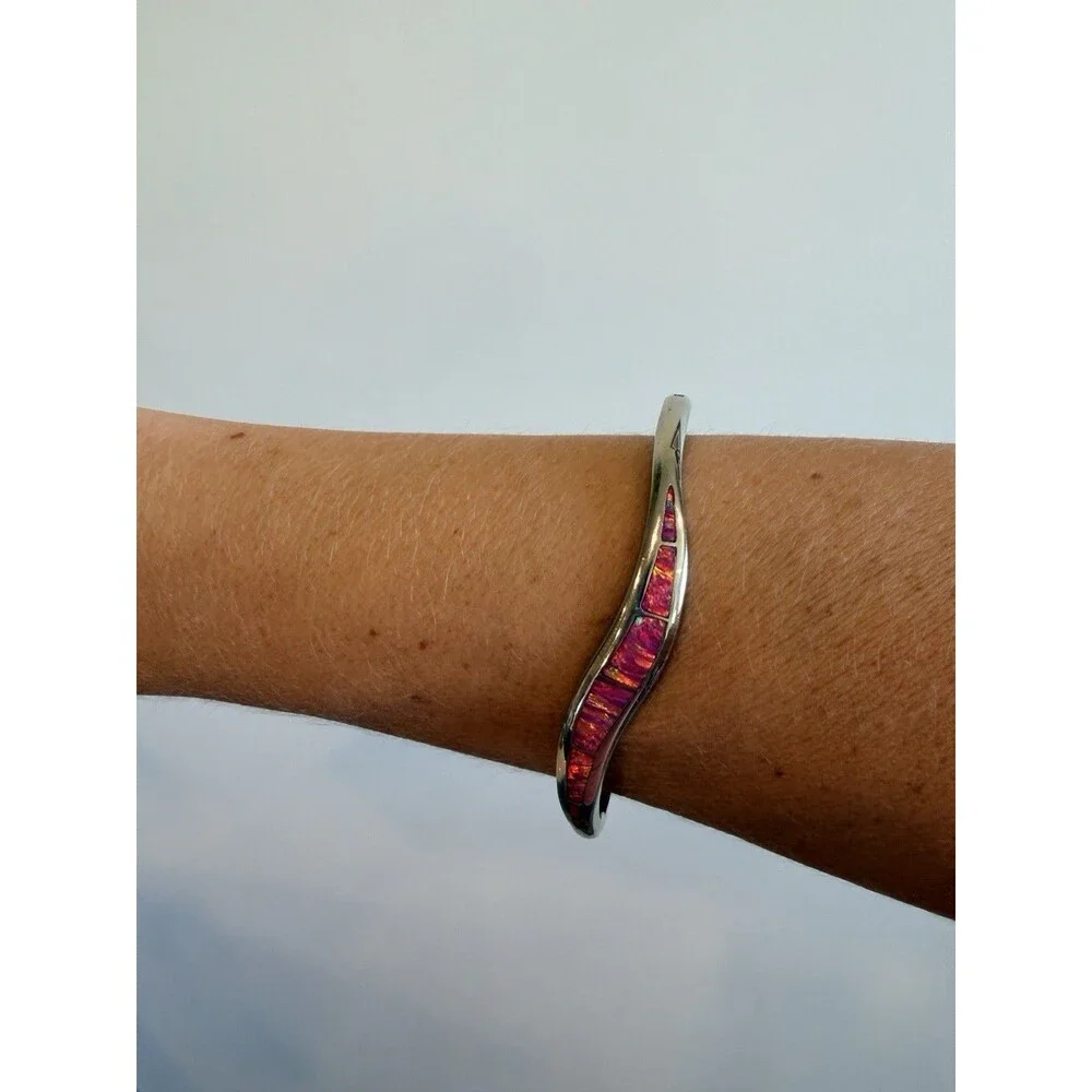 Vintage Sterling Silver Mexico Hinged Fire Opal Inlay Bracelet 7”